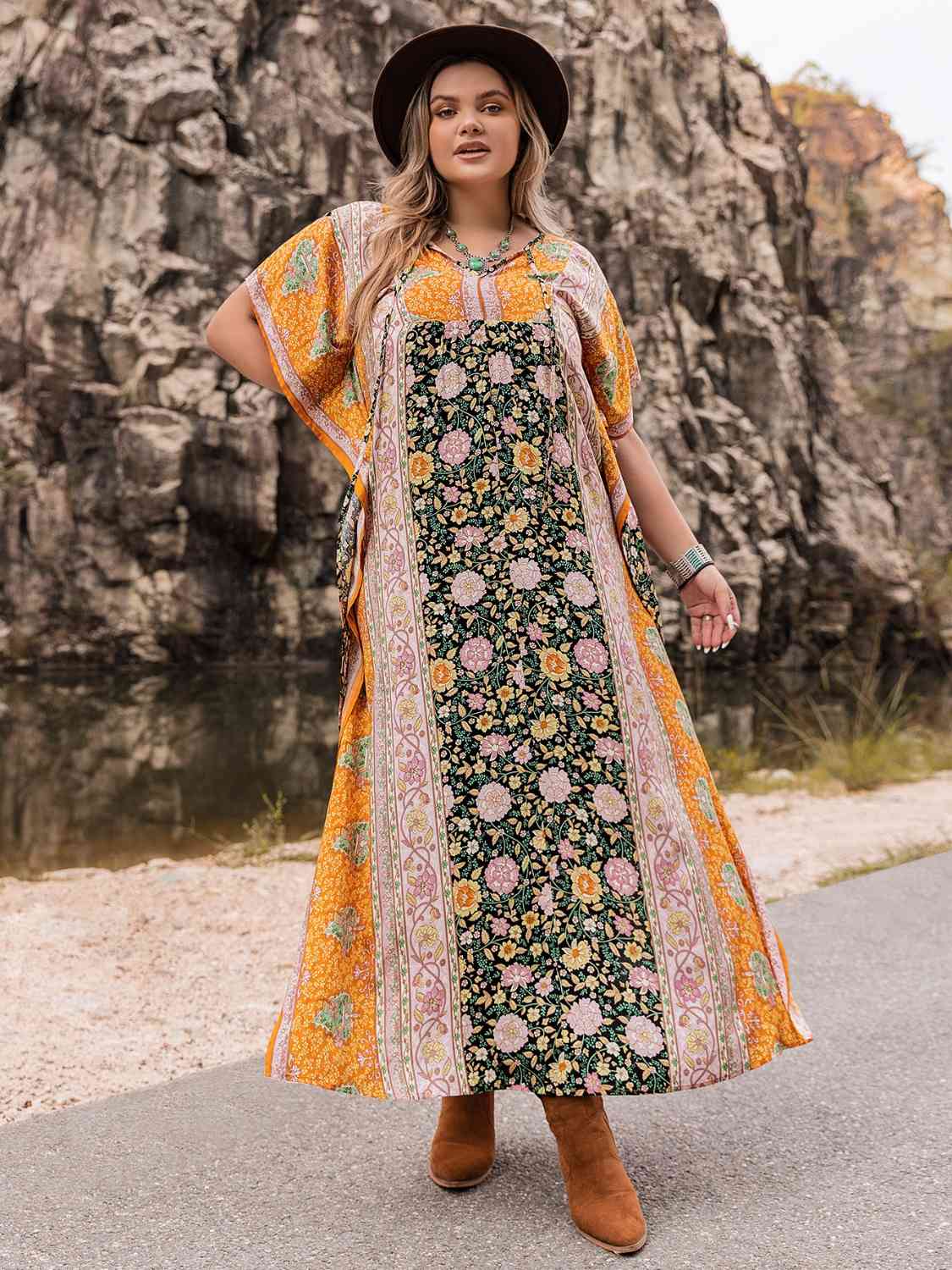 Plus Size Tie Neck Maxi Dress [Spirit and Rebel] Pumpkin 0XL 