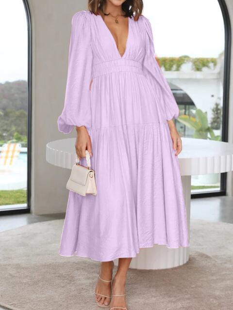 Deep V-Neck Balloon Sleeve Plain Maxi Dress [Spirit and Rebel] Lavender S 