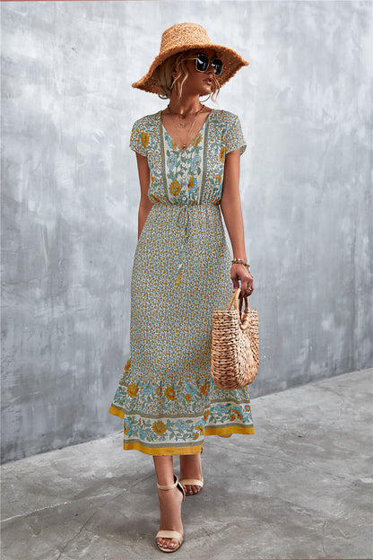 V-Neck Short Sleeve Printed Maxi Dress [Spirit and Rebel]   