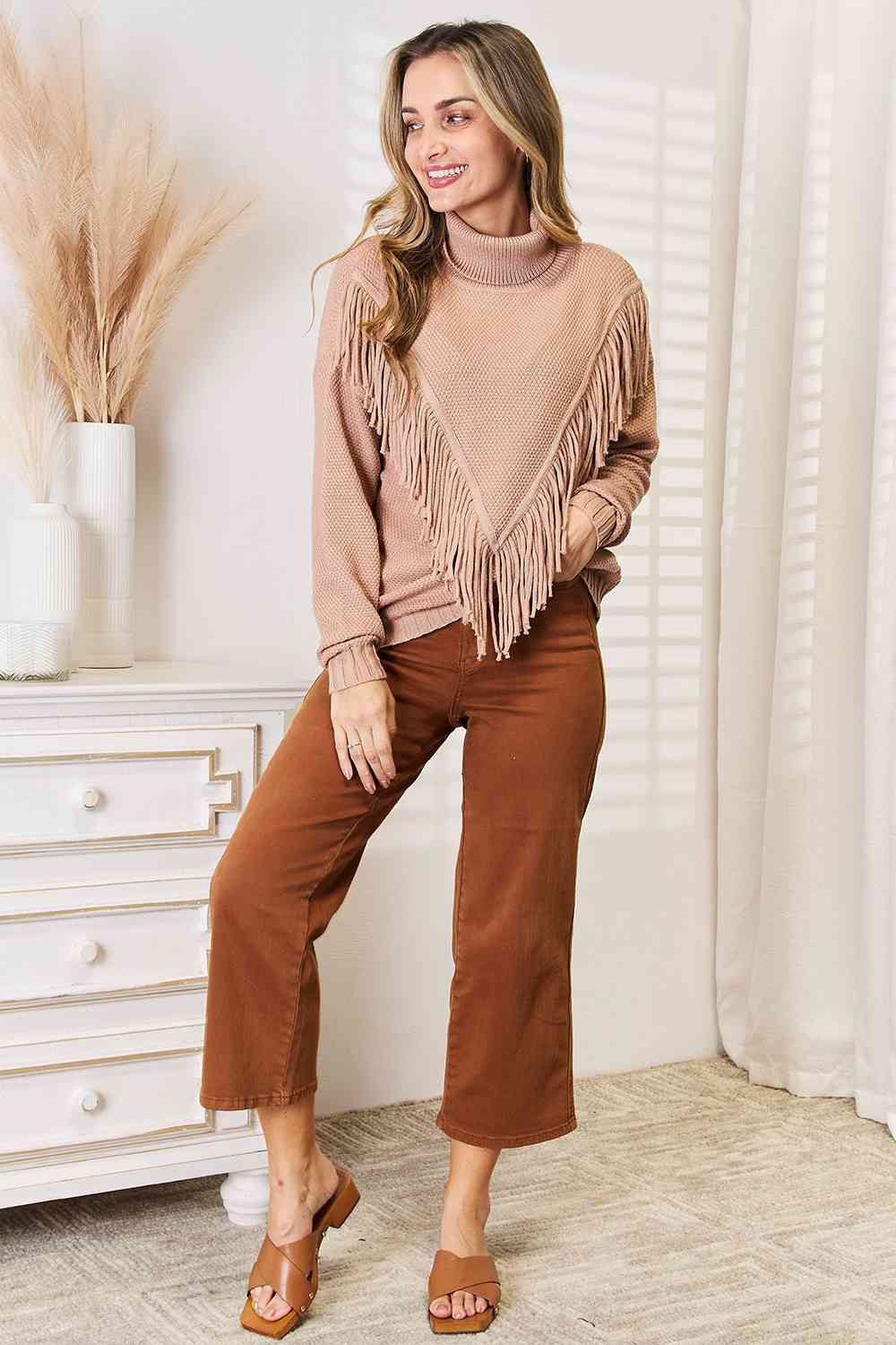 Woven Right Turtleneck Fringe Front Long Sleeve Sweater [Spirit and Rebel]   