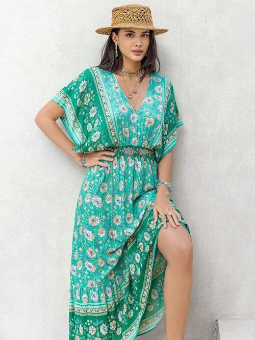 Boho Chic  Floral V-Neck Smocked Short Sleeve Dress [Spirit and Rebel] Teal S 