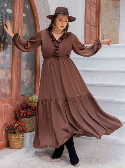 Plus Size V-Neck Ruffle Trim Maxi Dress [Spirit and Rebel] Chestnut 0XL 