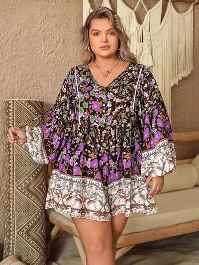 Plus Size Printed Tie Neck Mini Dress [Spirit and Rebel]   