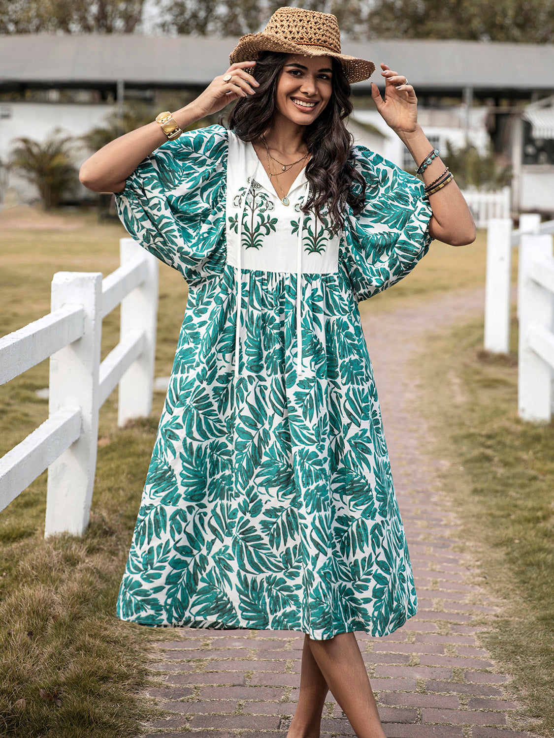 Printed Tie Neck Short Sleeve Midi Dress [Spirit and Rebel] Teal S 