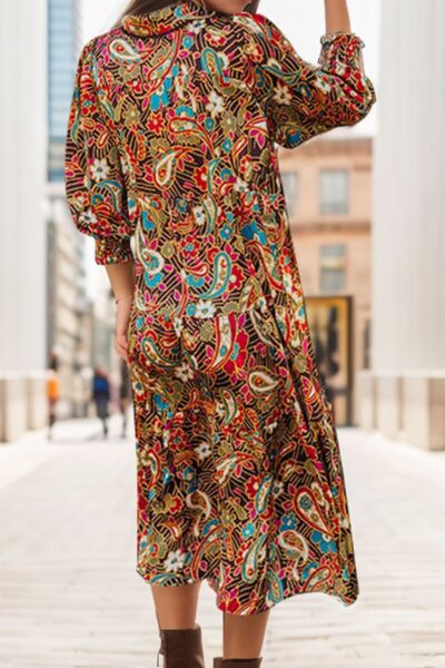 Printed Surplice Lantern Sleeve Midi Dress [Spirit and Rebel]   