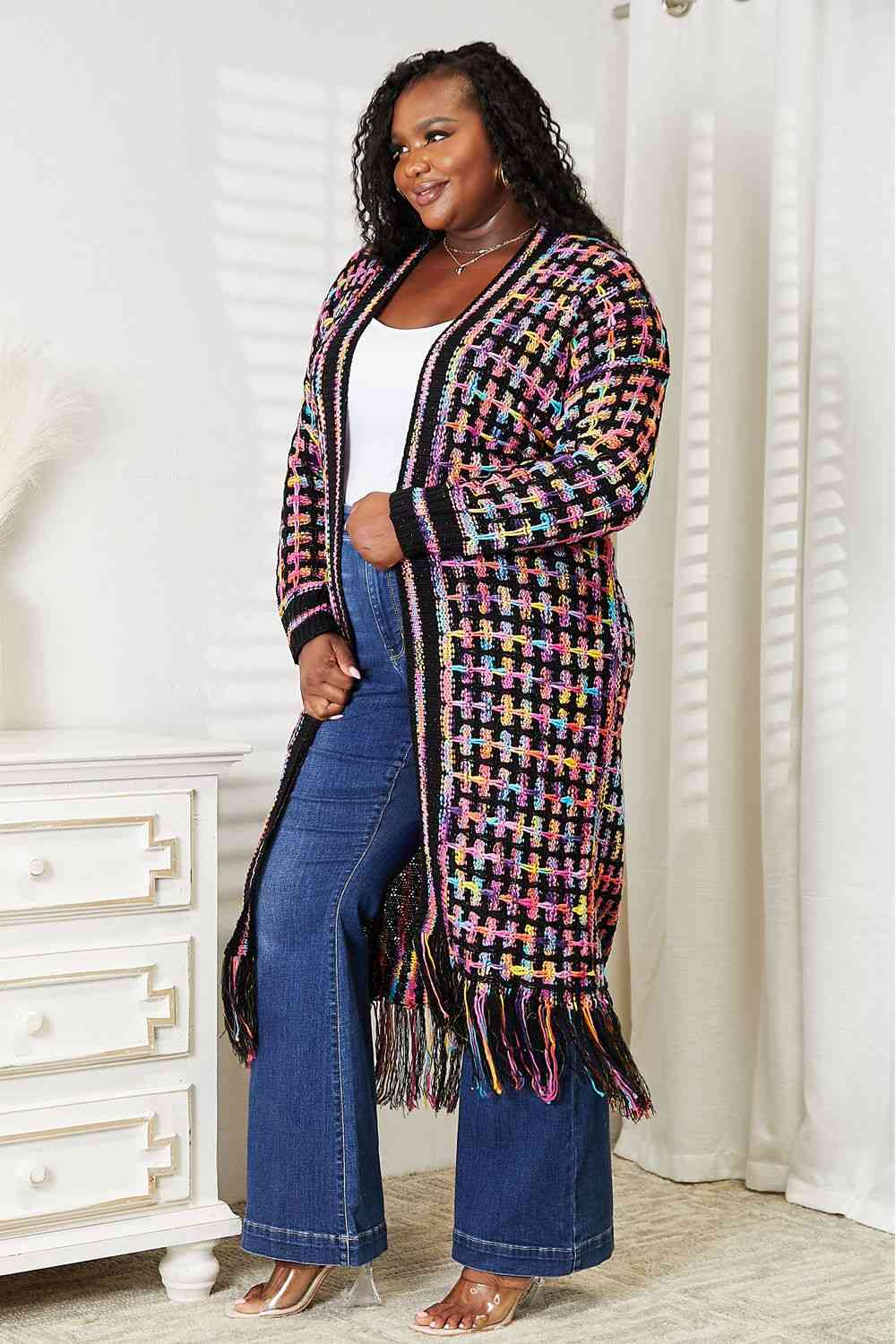 Double Take Full Size Multicolored Open Front Fringe Hem Cardigan [Spirit and Rebel]   