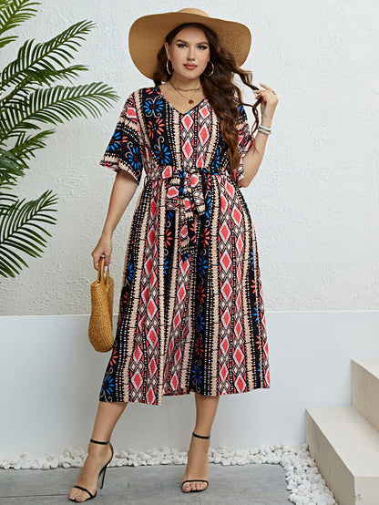 Plus Size Bohemian V-Neck Tie Belt Boho Midi Dress [Spirit and Rebel]   