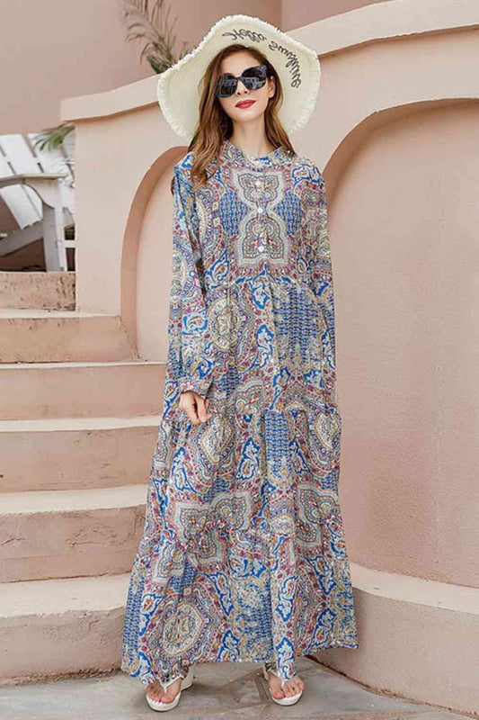 Plus Size Printed Mock Neck Buttoned Maxi Dress [Spirit and Rebel] Misty  Blue XL 