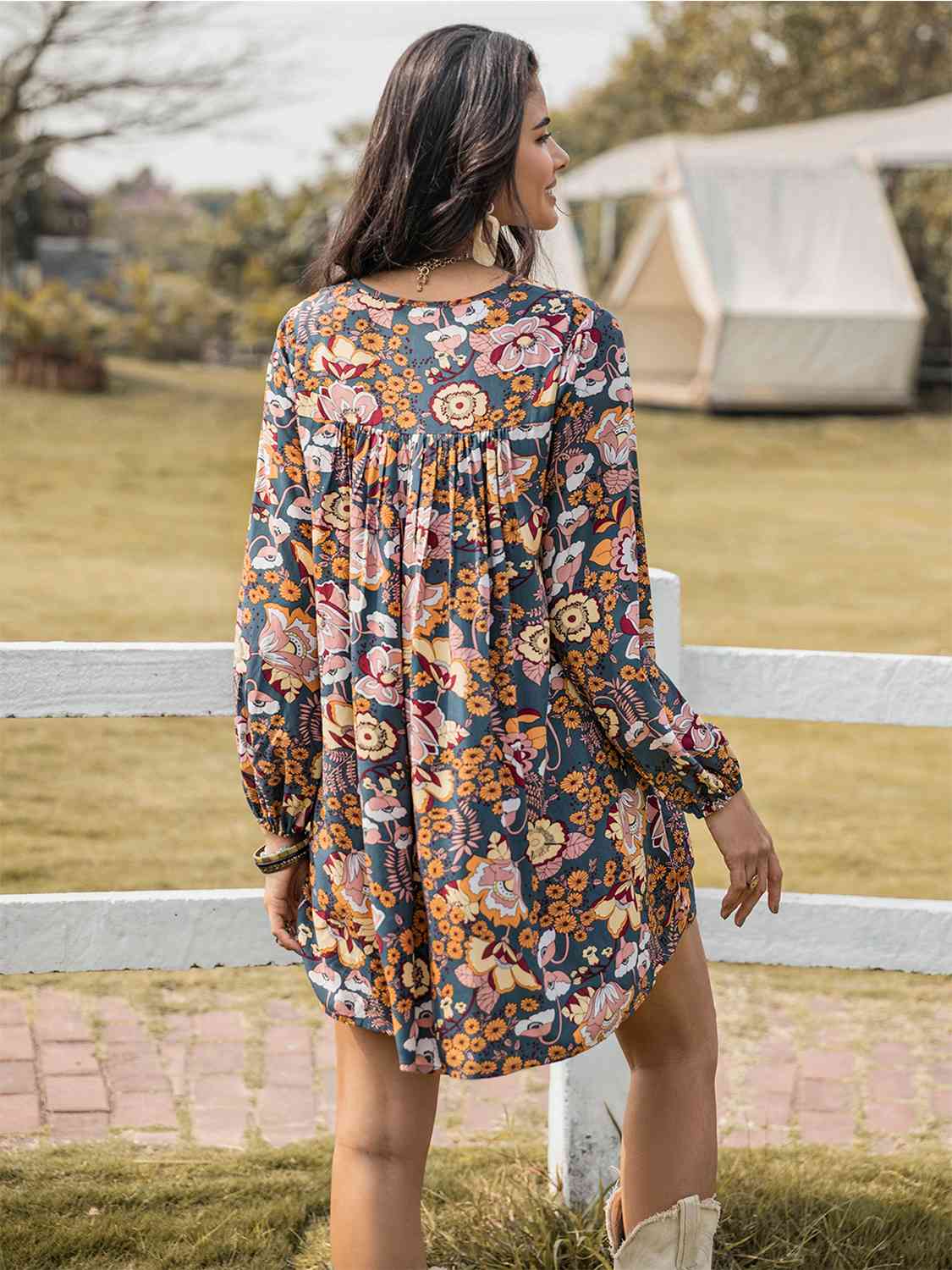 Floral Ruched V-Neck Long Sleeve Dress [Spirit and Rebel]   