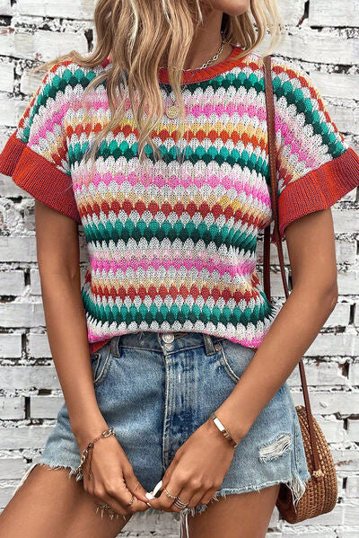 Striped Round Neck Short Sleeve Sweater [Spirit and Rebel] Multicolor S 