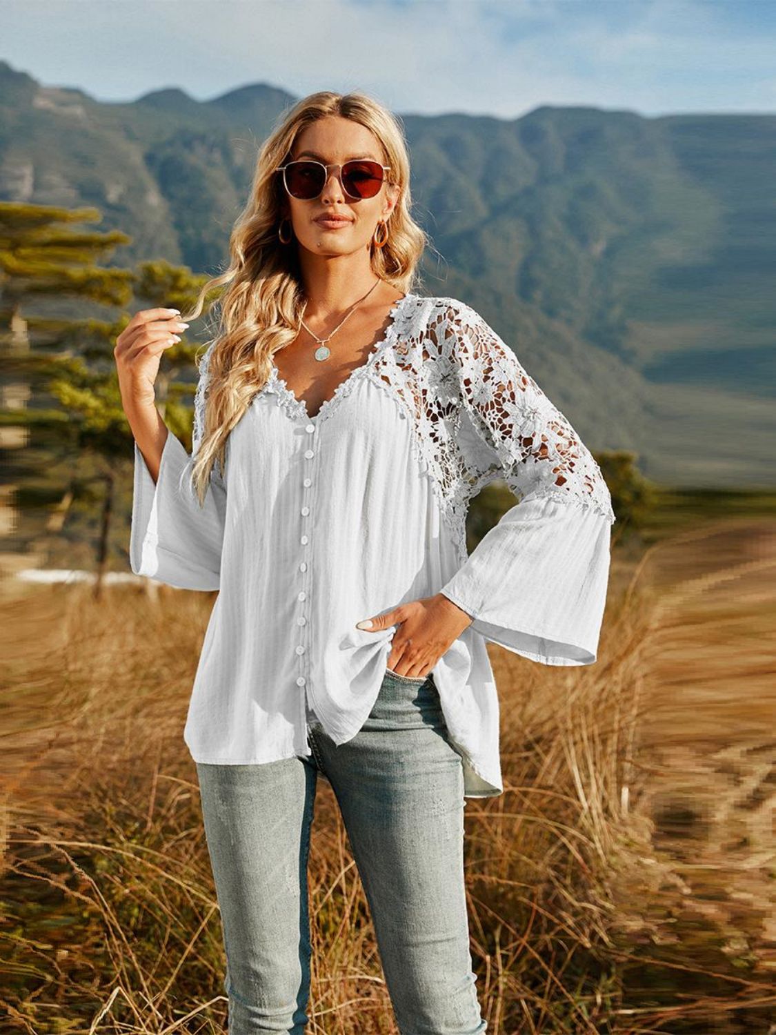 Spliced Lace Buttoned Blouse [Spirit and Rebel] White S 