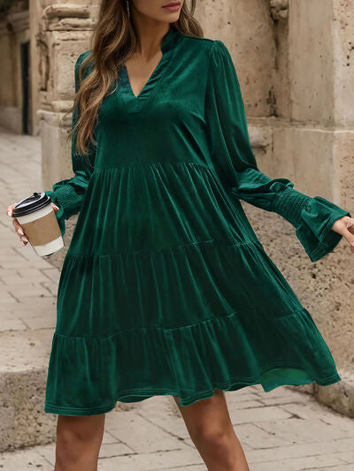 Notched Long Sleeve Tiered Dress [Spirit and Rebel] Green S 