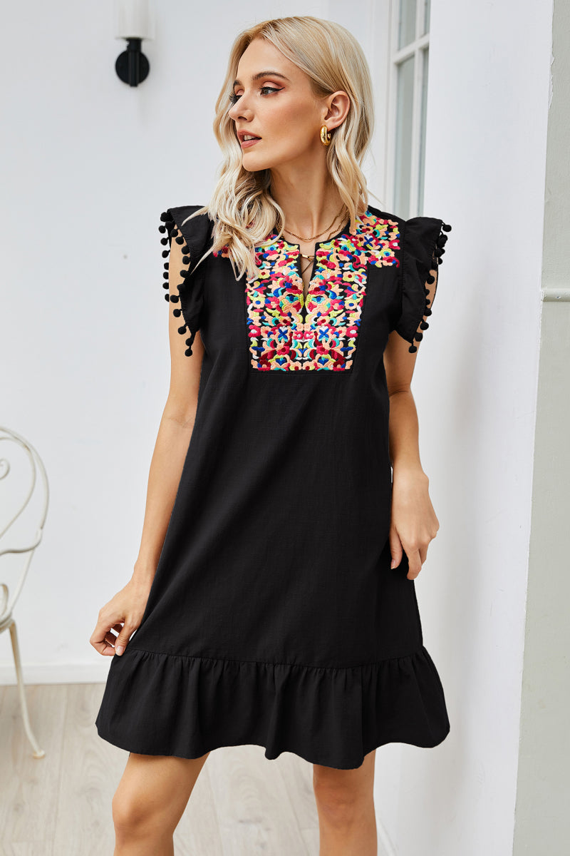 Bohemian Graphic Embroidered Ruffle Hem Dress [Spirit and Rebel] Black S 