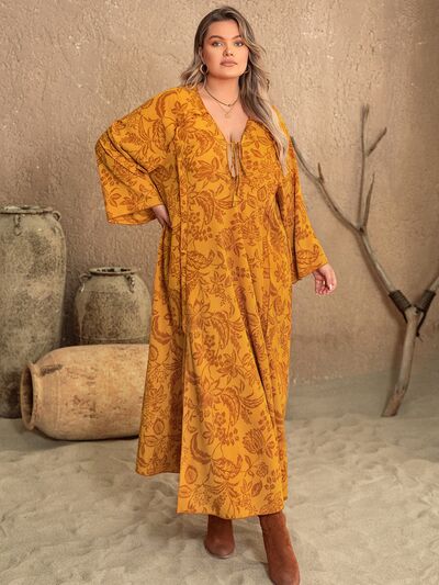 Boho Plus Size Printed Slit Long Sleeve Dress [Spirit and Rebel] Tangerine 0XL 