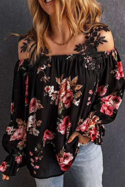 Floral Lace Cold-Shoulder Flounce Sleeve Boho Blouse [Spirit and Rebel] Black S 