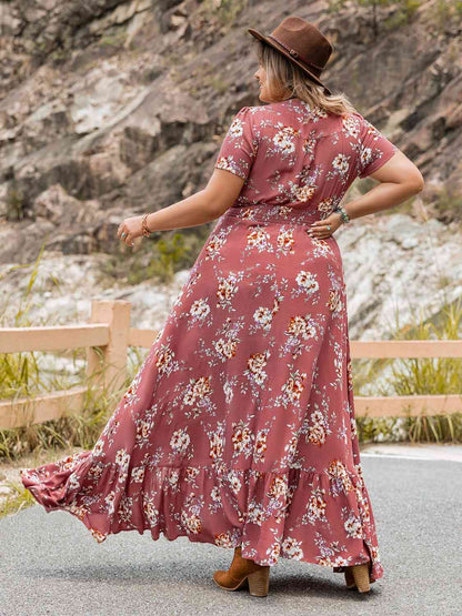 Plus Size Floral Slit Ruffle Hem Bohemian Dress [Spirit and Rebel]   