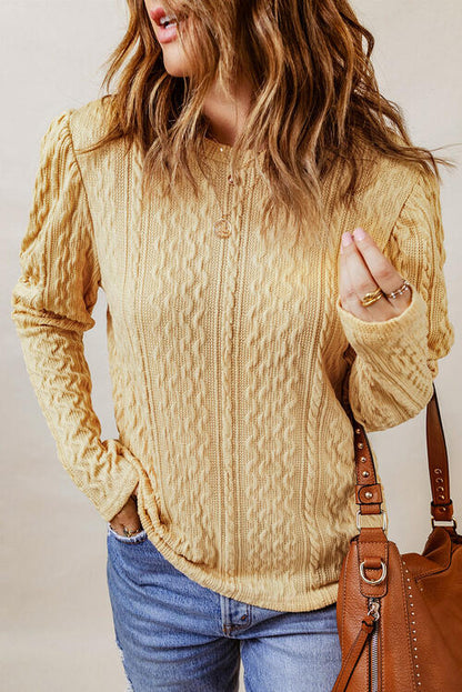 Cable-Knit Round Neck Long Sleeve Blouse [Spirit and Rebel]   