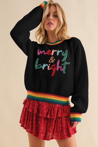 Boho MERRY & BRIGHT Ribbed Round Neck Sweater [Spirit and Rebel] Black S 