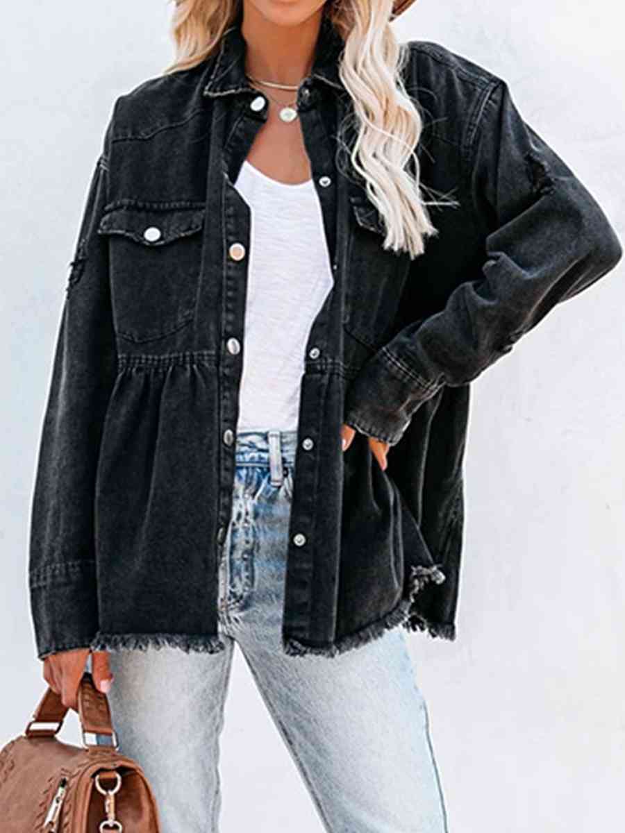 Boho Grunge Raw Hem Distressed Denim Shacket [Spirit and Rebel] Black S 