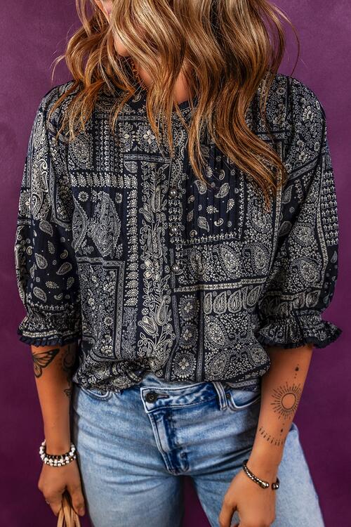 Printed Buttoned Flounce Sleeve Blouse [Spirit and Rebel] Dark Navy S 