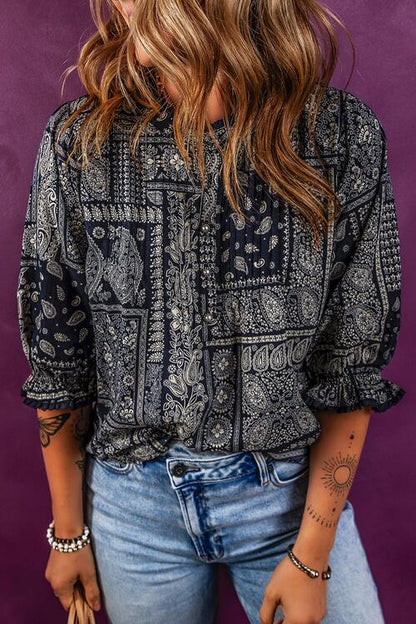 Printed Buttoned Flounce Sleeve Blouse [Spirit and Rebel] Dark Navy S 