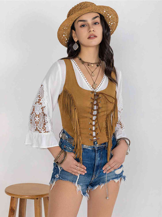 Fringe Lace-Up Vest [Spirit and Rebel] Tan S 