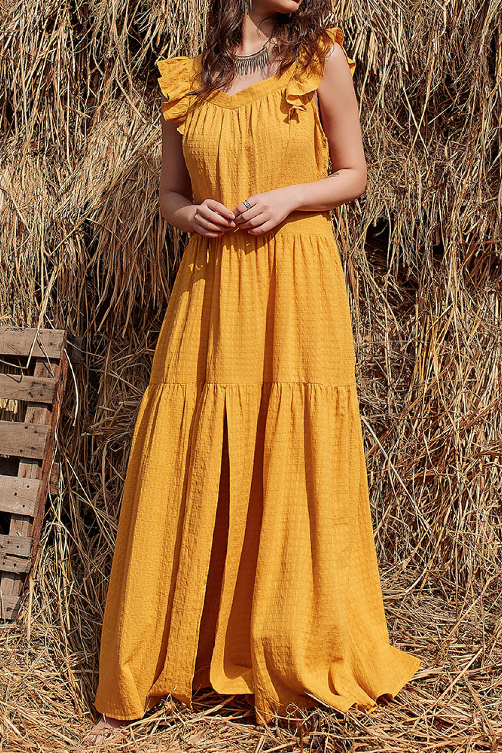 Ruffle Shoulder Front Slit Boho Maxi Dress [Spirit and Rebel] Mustard M 