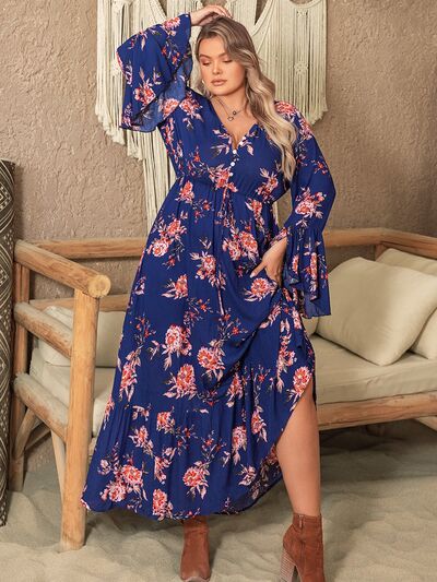 Boho Plus Size Printed Half Button Flare Sleeve Dress [Spirit and Rebel]   