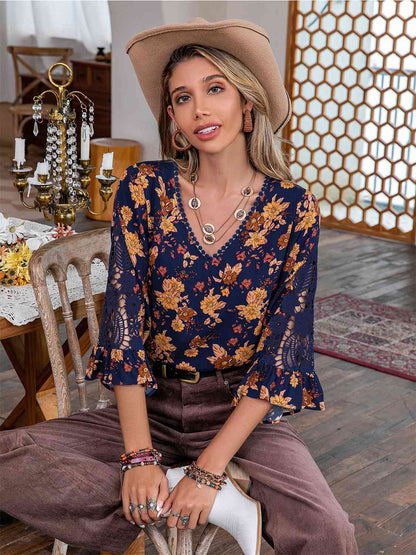 Floral V-Neck Crochet Blouse [Spirit and Rebel]   