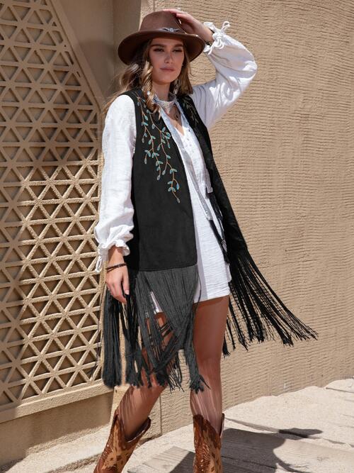 Boho Chic  Fringe Hem Open Front Vest [Spirit and Rebel] Black S 