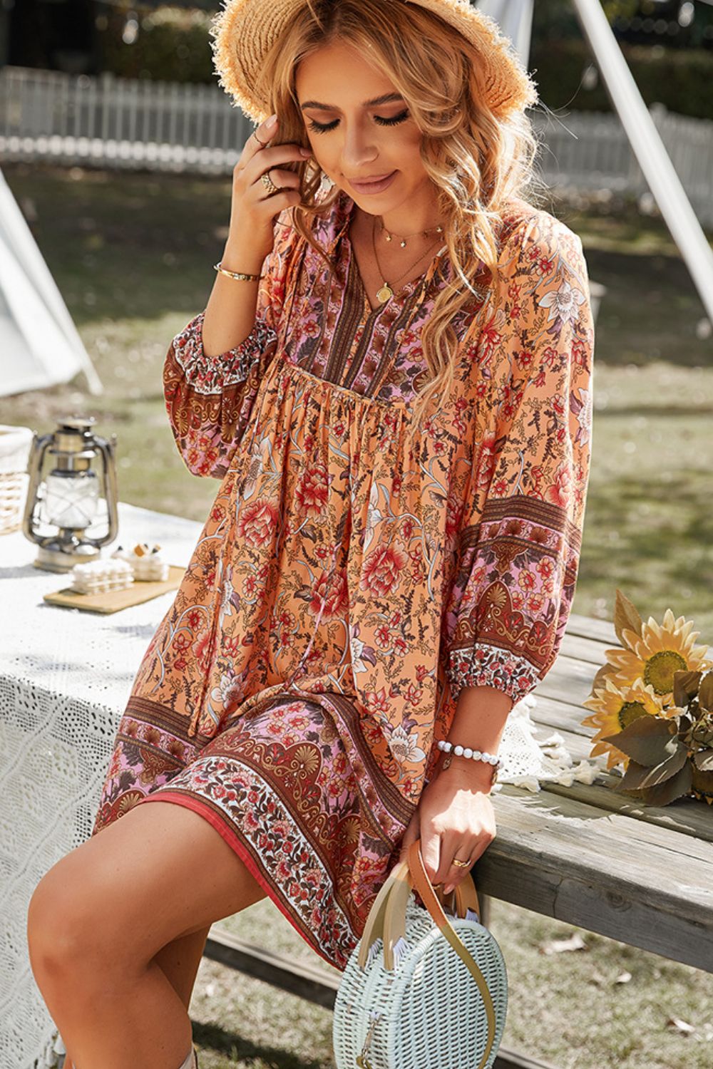 Bohemian Tie Neck Balloon Sleeve Dress [Spirit and Rebel]   