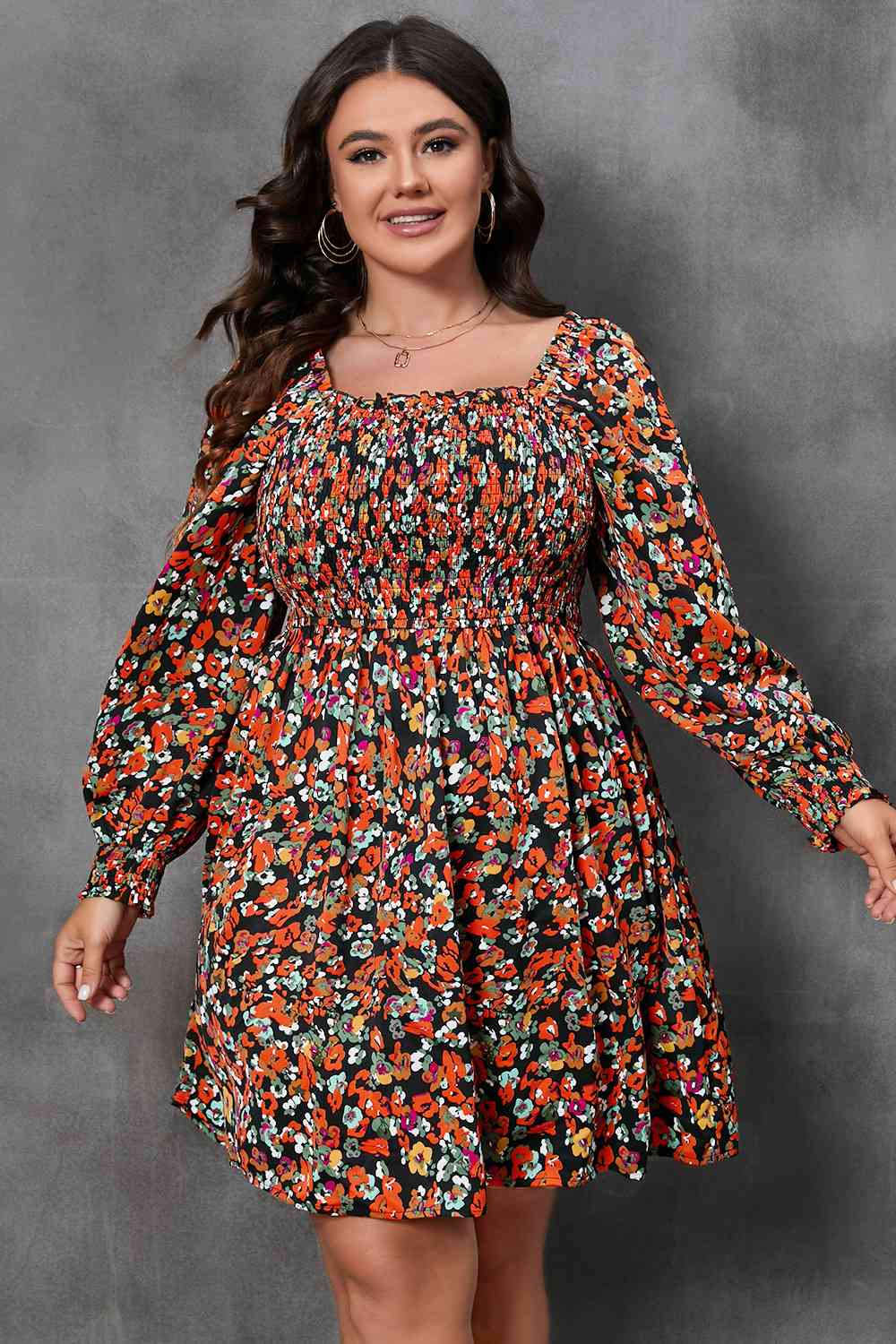 Plus Size Floral Square Neck Smocked Mini Dress [Spirit and Rebel]   