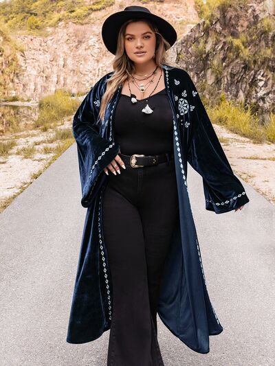 Boho Plus Size Embroidery Open Front Long Sleeve Cardigan [Spirit and Rebel] Cobald Blue 0XL 