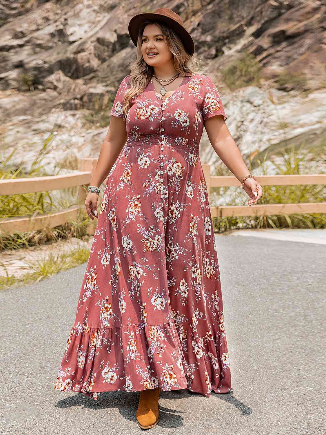 Plus Size Floral Slit Ruffle Hem Bohemian Dress [Spirit and Rebel]   