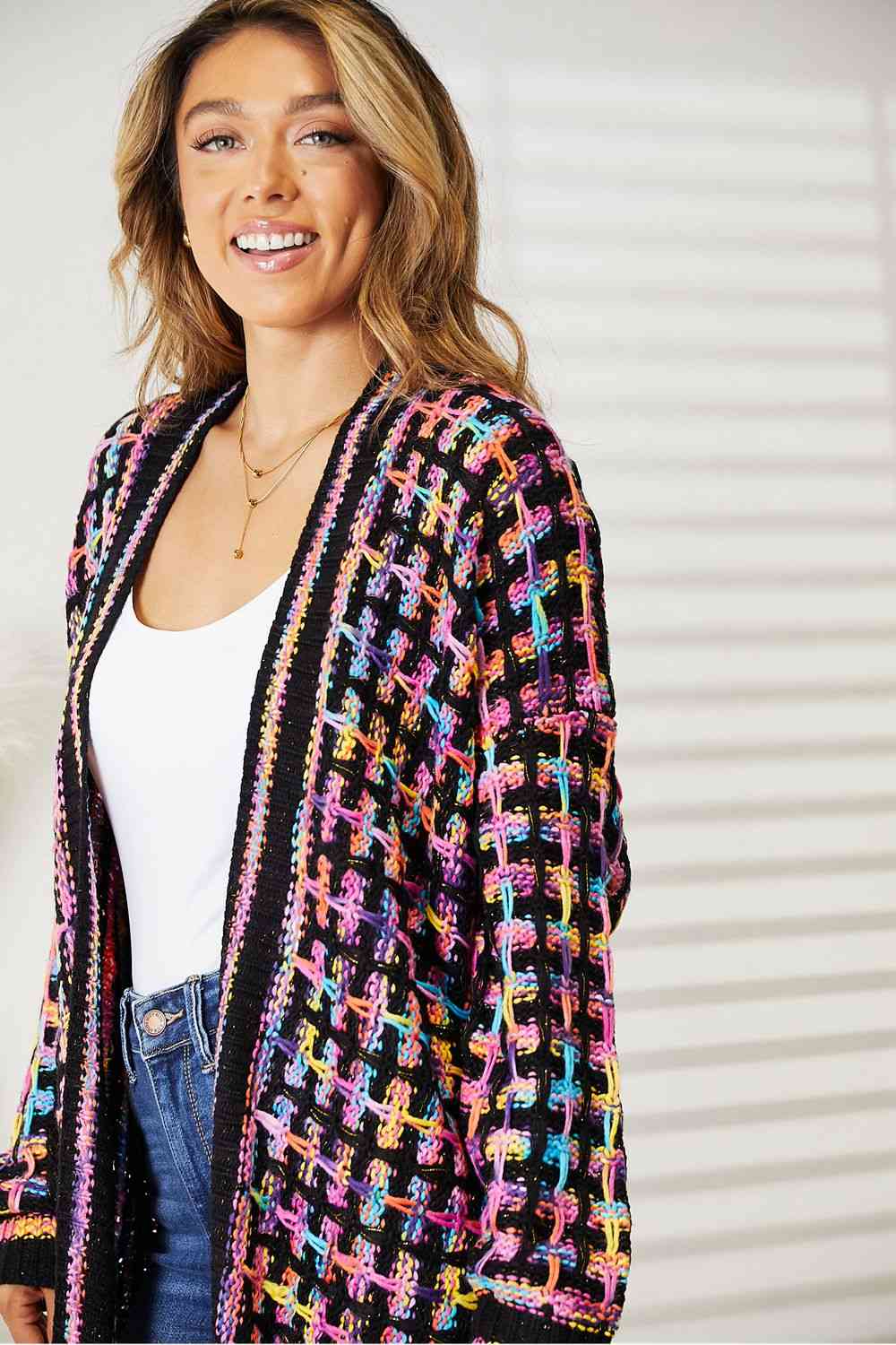 Double Take Full Size Multicolored Open Front Fringe Hem Cardigan [Spirit and Rebel]   