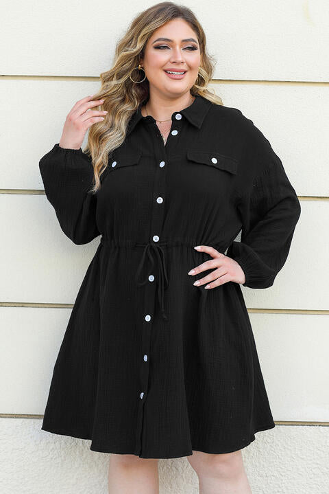 Button Up Collared Neck Drawstring Shirt Dress [Spirit and Rebel]   