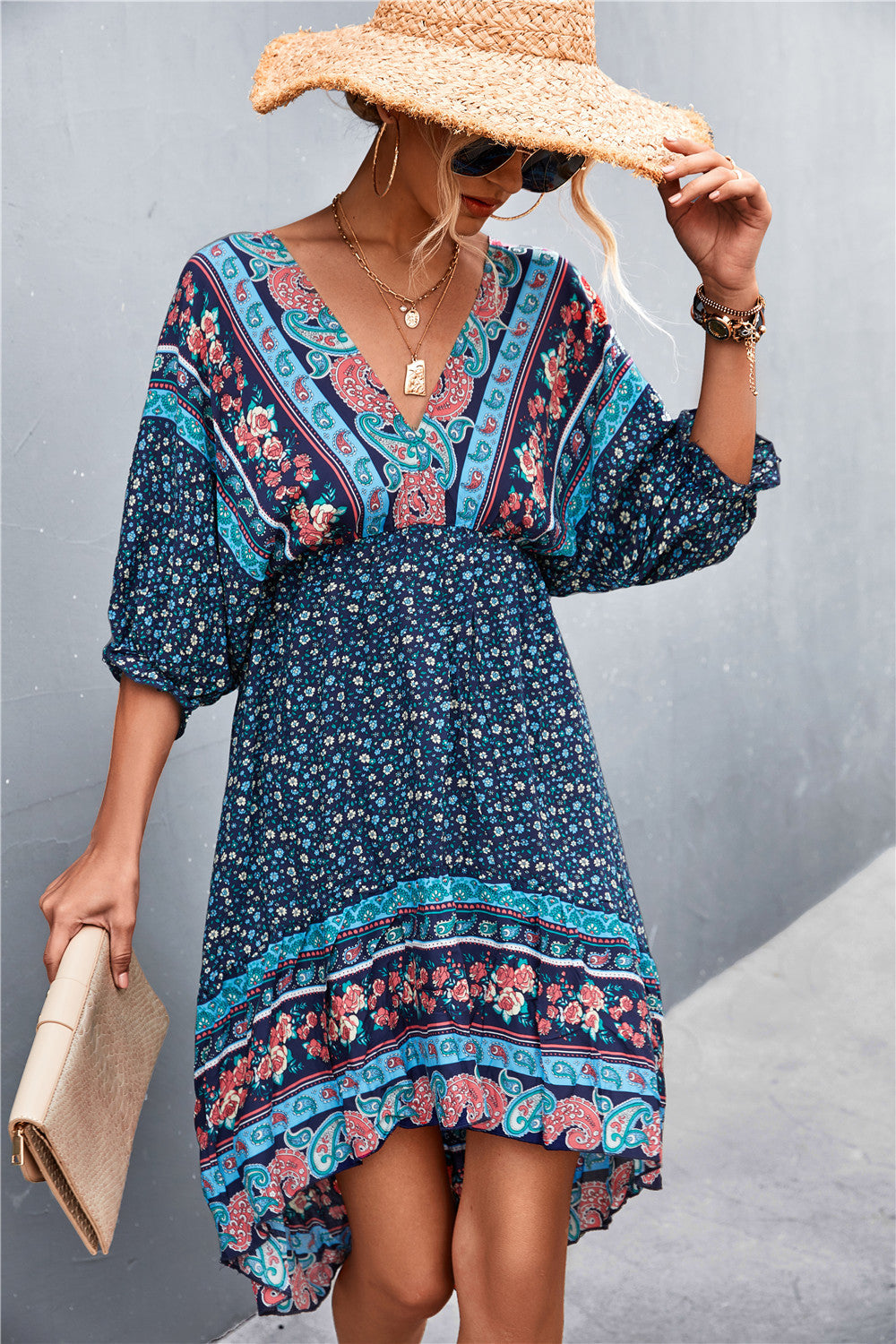 Printed Bohemian V Neck Dress [Spirit and Rebel]   