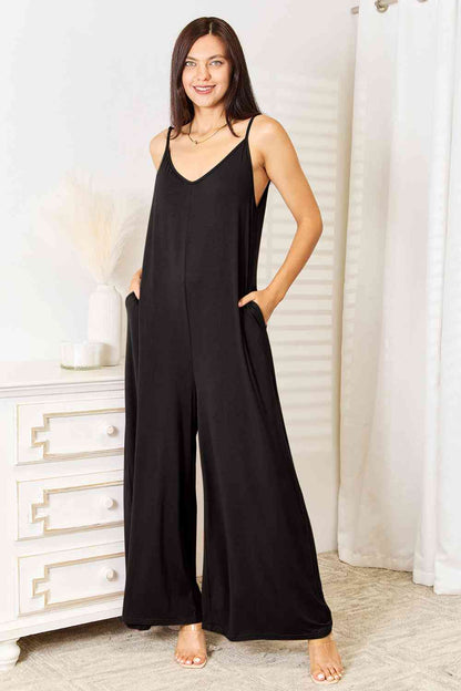 Double Take Full Size Soft Rayon Spaghetti Strap Tied Wide Leg Jumpsuit [Spirit and Rebel] Black S 