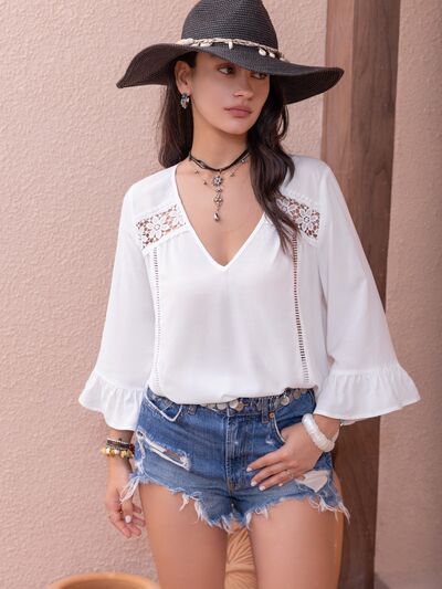 Cutout V-Neck Flounce Sleeve Blouse [Spirit and Rebel] White S 