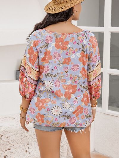 Plus Size Printed Tie Neck Balloon Sleeve Blouse [Spirit and Rebel]   