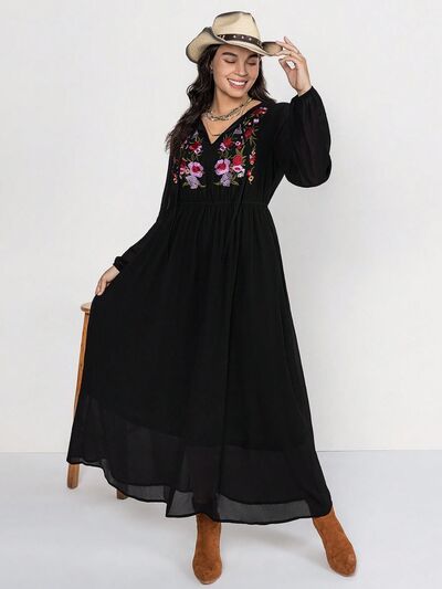 Boho Chic  Plus Size Embroidered Tie Neck Long Sleeve Dress [Spirit and Rebel]   