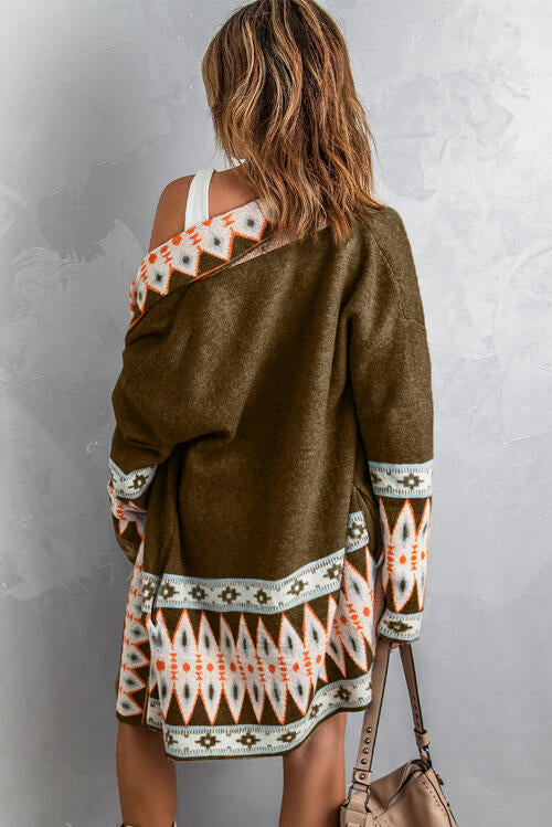 Boho Chic  Geometric Open Front Long Sleeve Cardigan [Spirit and Rebel]   