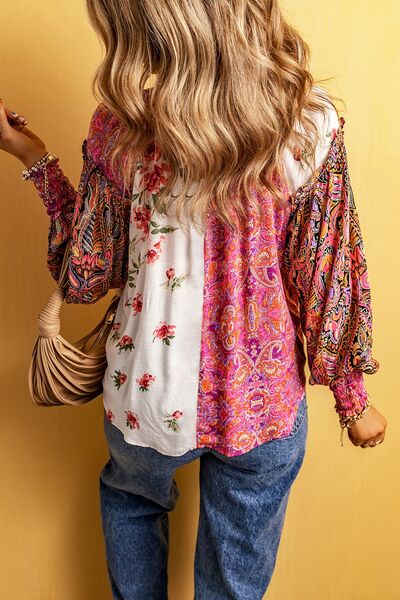 Plus Size Frill Printed V-Neck Long Sleeve Blouse [Spirit and Rebel]   