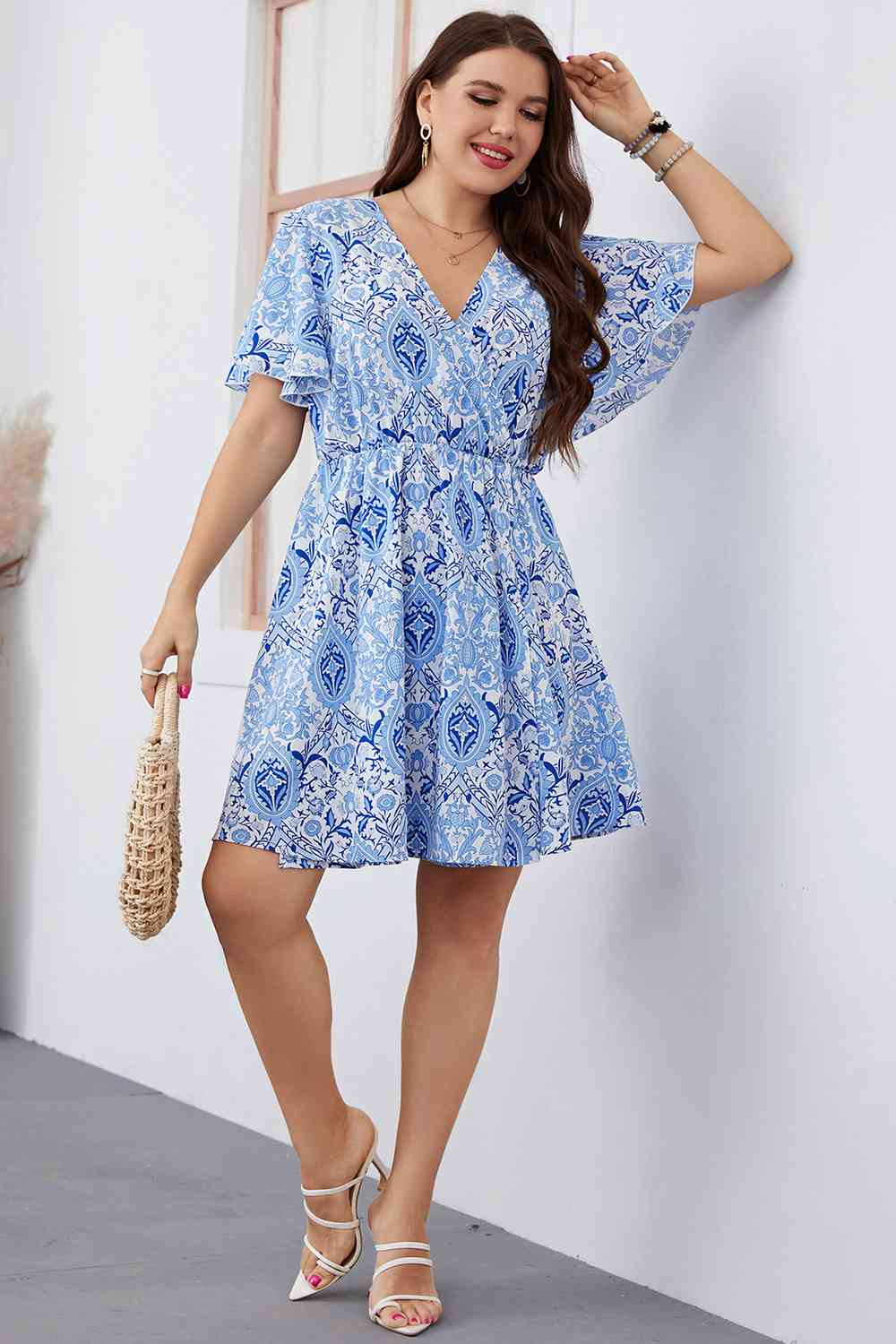 Plus Size Surplice Neck Flutter Sleeve Dress [Spirit and Rebel]   