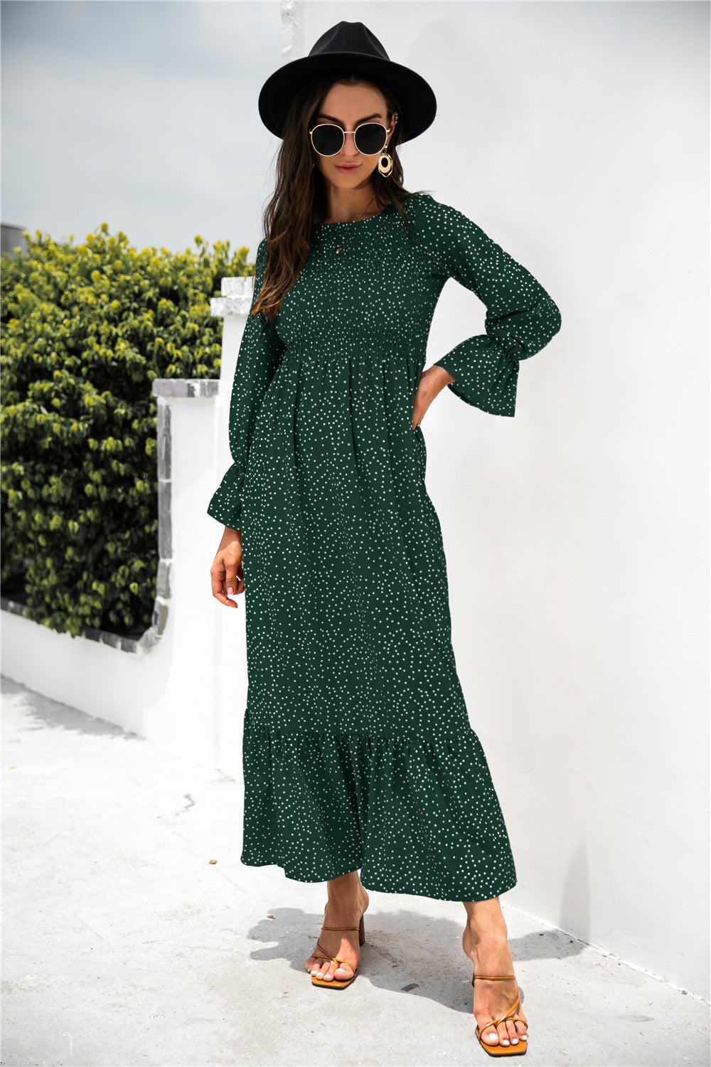 Printed Puff Sleeve Ruffle Boho Maxi Dress [Spirit and Rebel] Dark Green S 