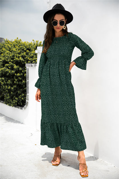 Printed Puff Sleeve Ruffle Boho Maxi Dress [Spirit and Rebel] Dark Green S 