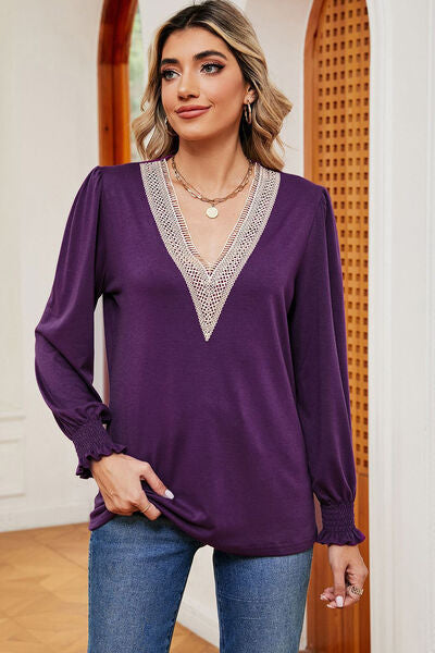 Lace Detail V-Neck Lantern Sleeve Bohemian T-Shirt [Spirit and Rebel]   