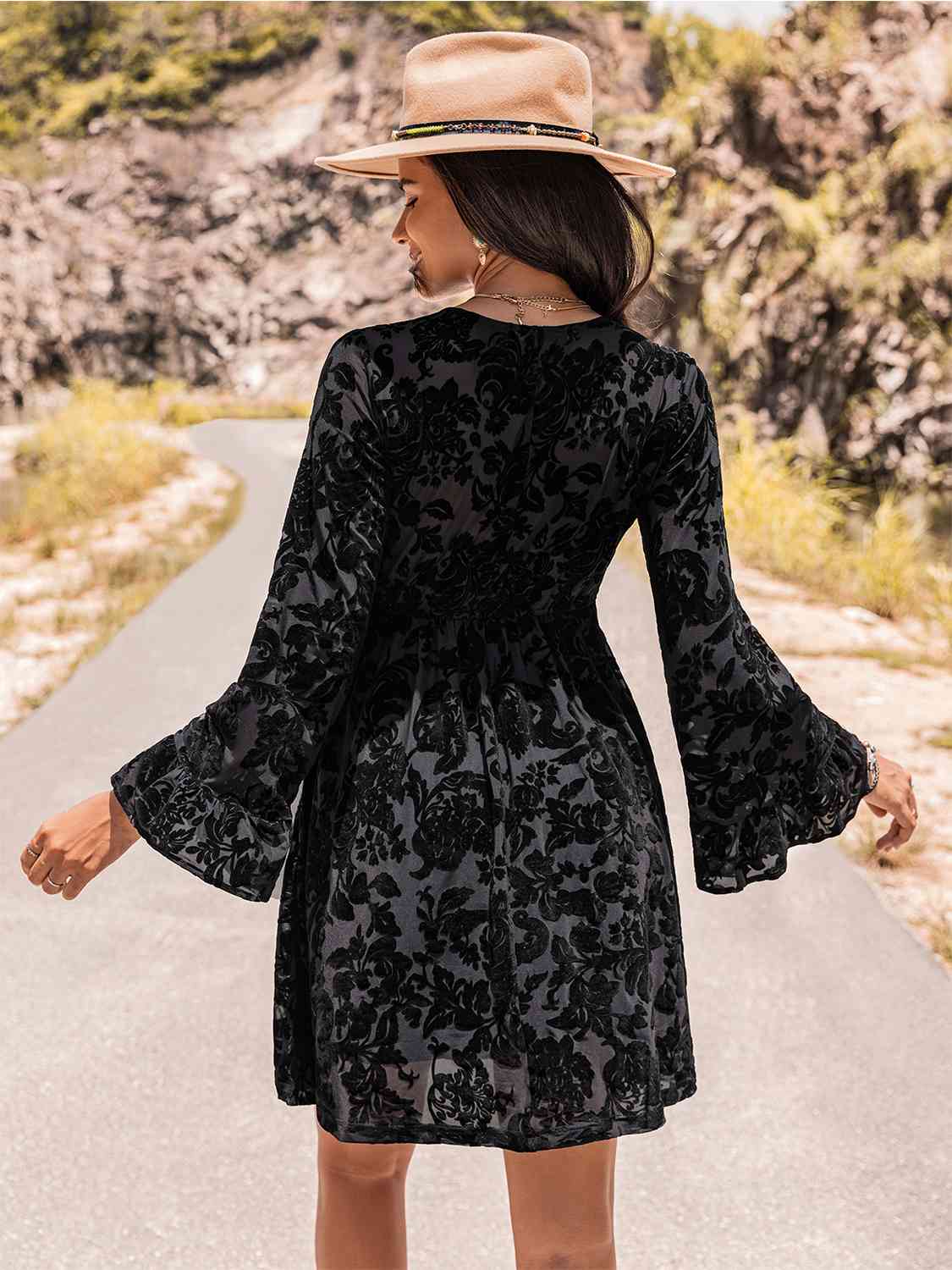 Floral V-Neck Flare Sleeve Mini Dress [Spirit and Rebel]   