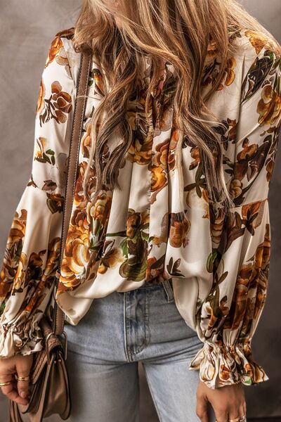 Boho Printed Notched Long Sleeve Blouse [Spirit and Rebel]   