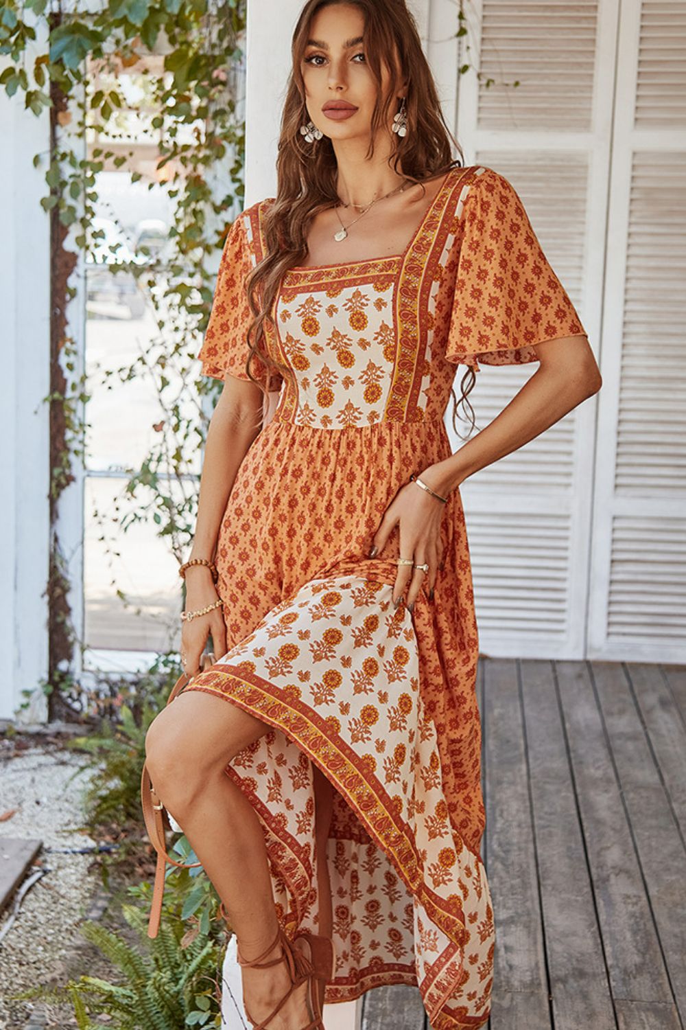 Bohemian Square Neck Flutter Sleeve Maxi Dress [Spirit and Rebel]   